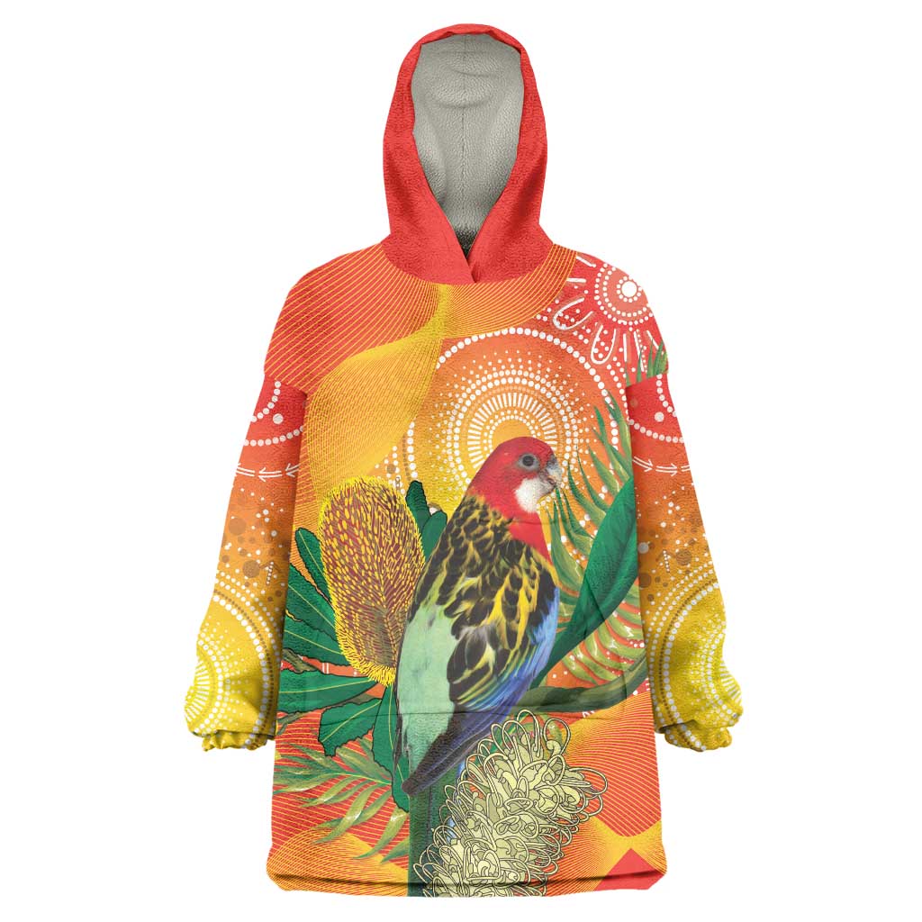 Eastern Rosella Australia Wearable Blanket Hoodie Banksia Aboriginal Art - Aussie Hoodie