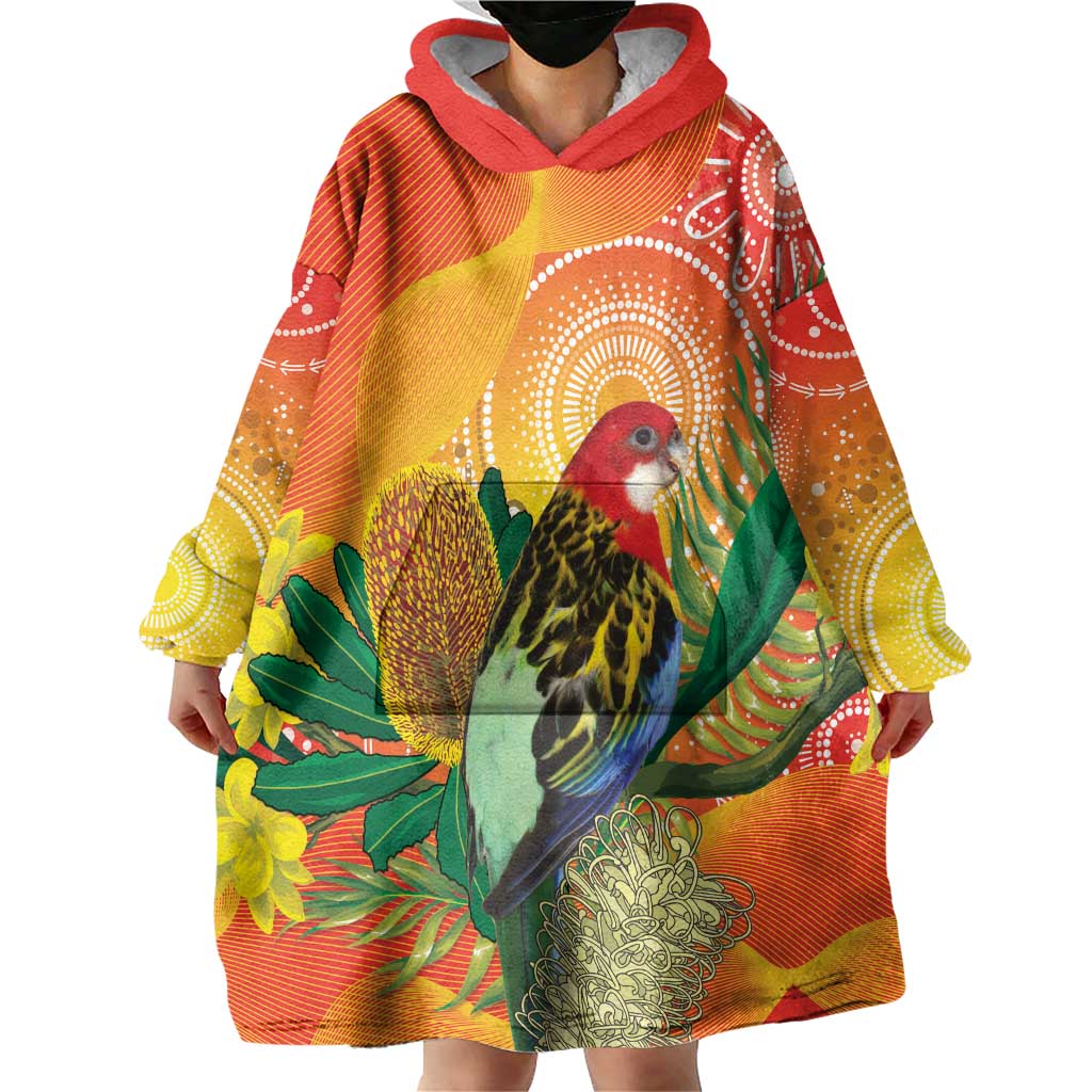 Eastern Rosella Australia Wearable Blanket Hoodie Banksia Aboriginal Art - Aussie Hoodie