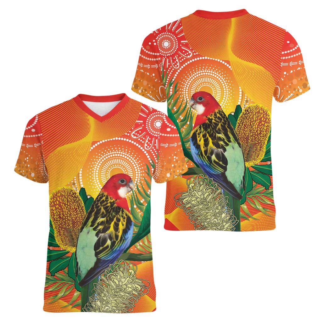 Eastern Rosella Australia Women V-Neck T-Shirt Banksia Aboriginal Art - Aussie Hoodie