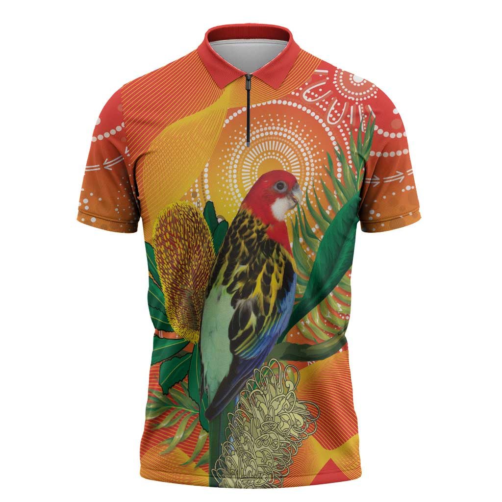 Eastern Rosella Australia Zipper Polo Shirt Banksia Aboriginal Art - Aussie Hoodie