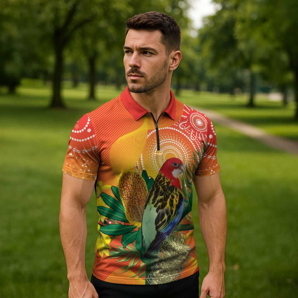 Eastern Rosella Australia Zipper Polo Shirt Banksia Aboriginal Art - Aussie Hoodie