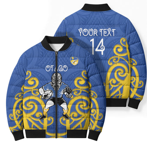 Otago Custom Rugby New Zealand Bomber Puffer Jacket Aotearoa Maori Pukana Tiki Mascot