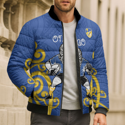 Otago Custom Rugby New Zealand Bomber Puffer Jacket Aotearoa Maori Pukana Tiki Mascot