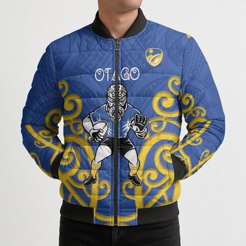 Otago Custom Rugby New Zealand Bomber Puffer Jacket Aotearoa Maori Pukana Tiki Mascot