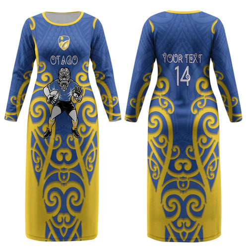 Otago Custom Rugby New Zealand Couples Matching Long Sleeve Bodycon Dress and Long Sleeve Button Shirt Aotearoa Maori Pukana Tiki Mascot