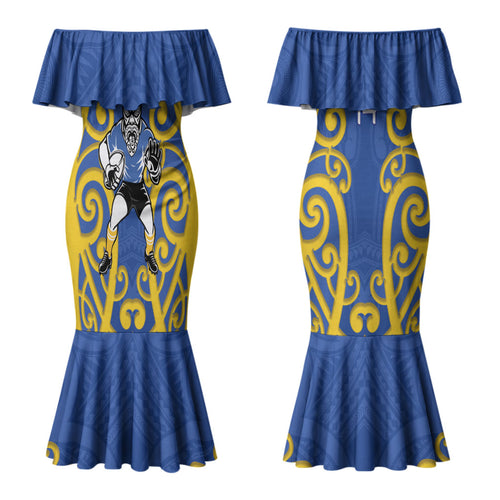 Otago Custom Rugby New Zealand Couples Matching Mermaid Dress and Hawaiian Shirt Aotearoa Maori Pukana Tiki Mascot