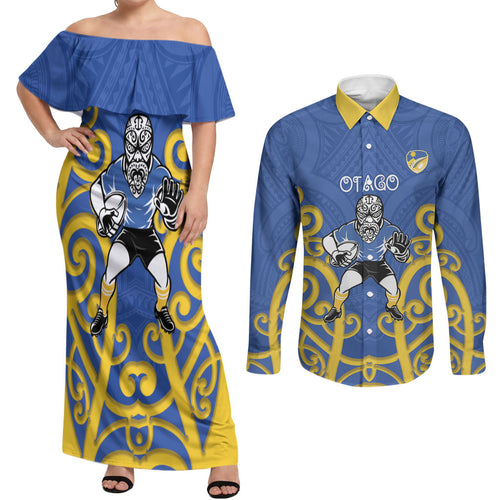 Otago Custom Rugby New Zealand Couples Matching Off Shoulder Maxi Dress and Long Sleeve Button Shirt Aotearoa Maori Pukana Tiki Mascot