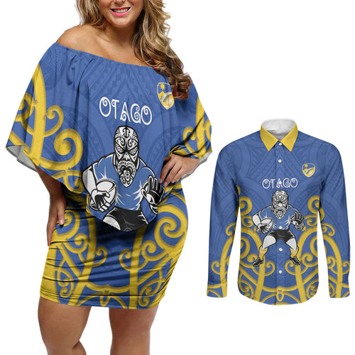 Otago Custom Rugby New Zealand Couples Matching Off Shoulder Short Dress and Long Sleeve Button Shirt Aotearoa Maori Pukana Tiki Mascot