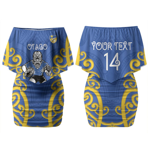 Otago Custom Rugby New Zealand Couples Matching Off Shoulder Short Dress and Long Sleeve Button Shirt Aotearoa Maori Pukana Tiki Mascot