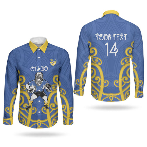 Otago Custom Rugby New Zealand Couples Matching Puletasi and Long Sleeve Button Shirt Aotearoa Maori Pukana Tiki Mascot