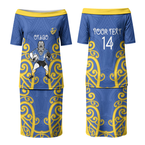 Otago Custom Rugby New Zealand Couples Matching Puletasi and Long Sleeve Button Shirt Aotearoa Maori Pukana Tiki Mascot