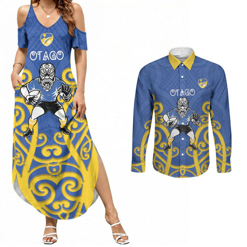 Otago Custom Rugby New Zealand Couples Matching Summer Maxi Dress and Long Sleeve Button Shirt Aotearoa Maori Pukana Tiki Mascot