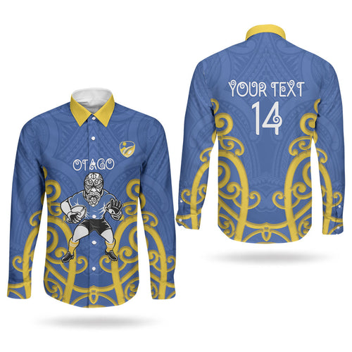 Otago Custom Rugby New Zealand Couples Matching Summer Maxi Dress and Long Sleeve Button Shirt Aotearoa Maori Pukana Tiki Mascot