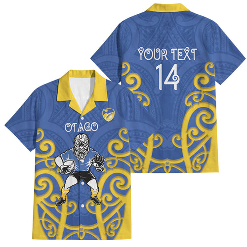 Otago Custom Rugby New Zealand Family Matching Off Shoulder Maxi Dress and Hawaiian Shirt Aotearoa Maori Pukana Tiki Mascot