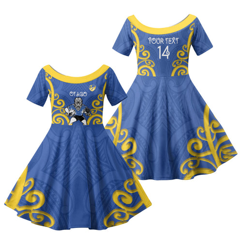 Otago Custom Rugby New Zealand Family Matching Off Shoulder Maxi Dress and Hawaiian Shirt Aotearoa Maori Pukana Tiki Mascot