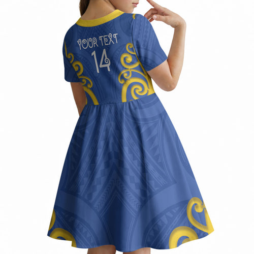Otago Custom Rugby New Zealand Kid Short Sleeve Dress Aotearoa Maori Pukana Tiki Mascot