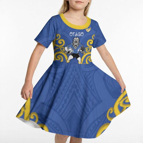 Otago Custom Rugby New Zealand Kid Short Sleeve Dress Aotearoa Maori Pukana Tiki Mascot
