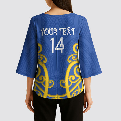 Otago Custom Rugby New Zealand Kimono Sleeve Blouse Aotearoa Maori Pukana Tiki Mascot