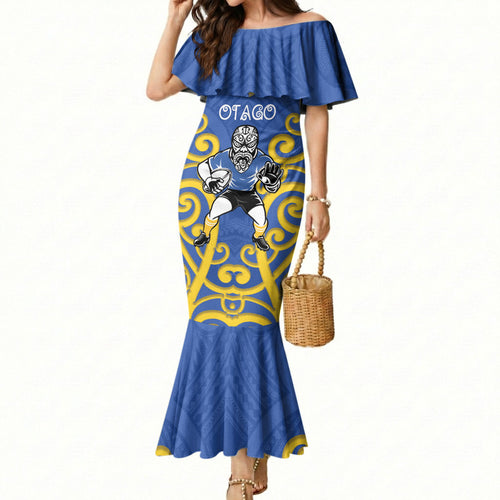 Otago Custom Rugby New Zealand Mermaid Dress Aotearoa Maori Pukana Tiki Mascot