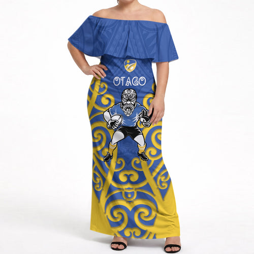 Otago Custom Rugby New Zealand Off Shoulder Maxi Dress Aotearoa Maori Pukana Tiki Mascot