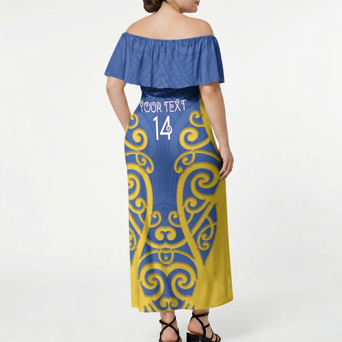 Otago Custom Rugby New Zealand Off Shoulder Maxi Dress Aotearoa Maori Pukana Tiki Mascot