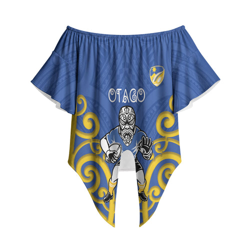 Otago Custom Rugby New Zealand Off Shoulder Wrap Waist Top Aotearoa Maori Pukana Tiki Mascot