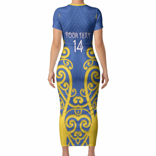 Otago Custom Rugby New Zealand Short Sleeve Bodycon Dress Aotearoa Maori Pukana Tiki Mascot