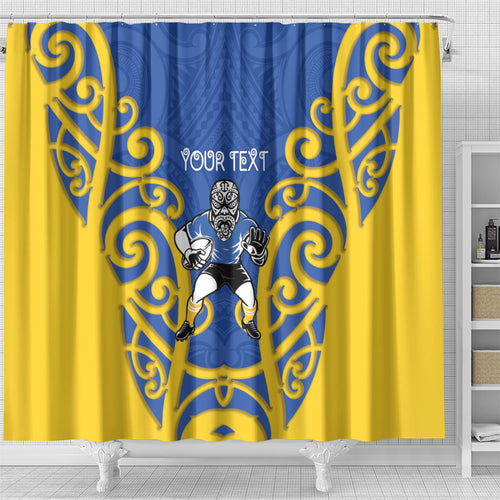 Otago Custom Rugby New Zealand Shower Curtain Aotearoa Maori Pukana Tiki Mascot