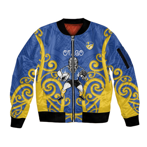 Otago Custom Rugby New Zealand Sleeve Zip Bomber Jacket Aotearoa Maori Pukana Tiki Mascot