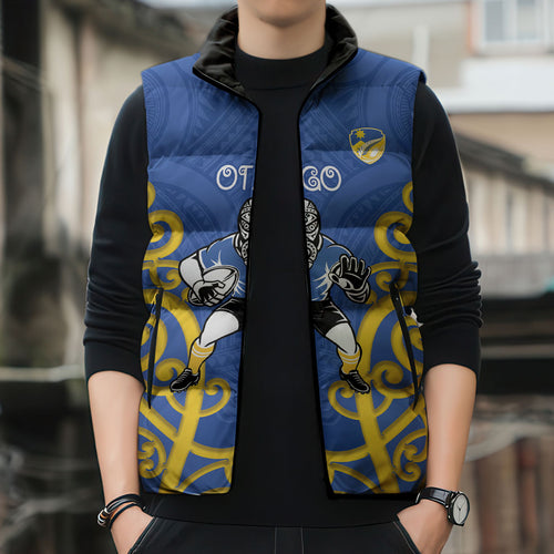 Otago Custom Rugby New Zealand Sleeveless Puffer Jacket Aotearoa Maori Pukana Tiki Mascot
