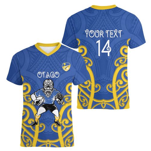 Otago Custom Rugby New Zealand Women V-Neck T-Shirt Aotearoa Maori Pukana Tiki Mascot