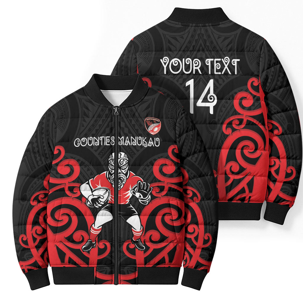 Counties Manukau Custom Rugby New Zealand Bomber Puffer Jacket Aotearoa Maori Pukana Tiki Mascot