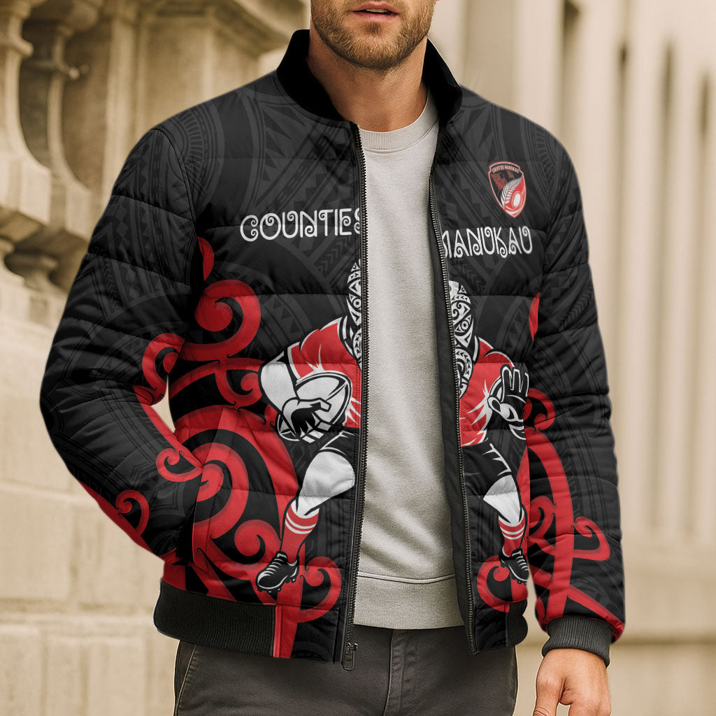 Counties Manukau Custom Rugby New Zealand Bomber Puffer Jacket Aotearoa Maori Pukana Tiki Mascot