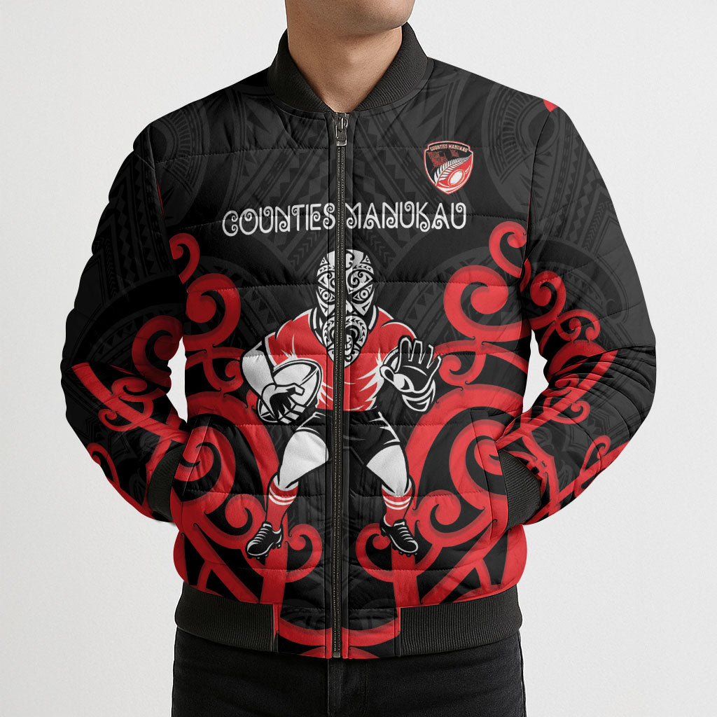 Counties Manukau Custom Rugby New Zealand Bomber Puffer Jacket Aotearoa Maori Pukana Tiki Mascot