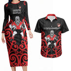 Counties Manukau Custom Rugby New Zealand Couples Matching Long Sleeve Bodycon Dress and Hawaiian Shirt Aotearoa Maori Pukana Tiki Mascot