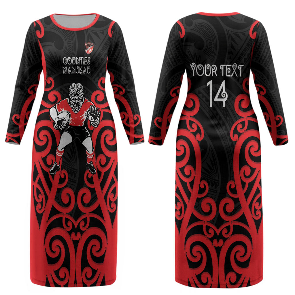 Counties Manukau Custom Rugby New Zealand Couples Matching Long Sleeve Bodycon Dress and Hawaiian Shirt Aotearoa Maori Pukana Tiki Mascot