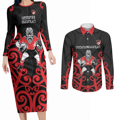 Counties Manukau Custom Rugby New Zealand Couples Matching Long Sleeve Bodycon Dress and Long Sleeve Button Shirt Aotearoa Maori Pukana Tiki Mascot