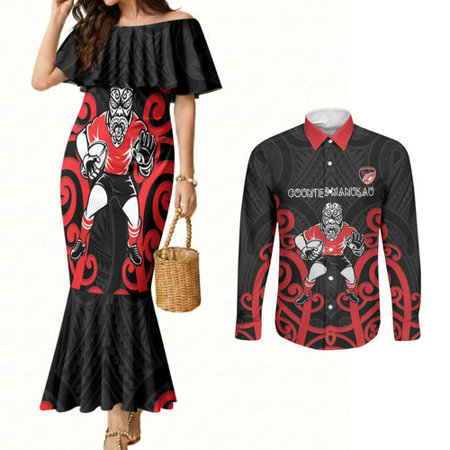 Counties Manukau Custom Rugby New Zealand Couples Matching Mermaid Dress and Long Sleeve Button Shirt Aotearoa Maori Pukana Tiki Mascot