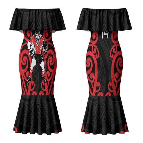 Counties Manukau Custom Rugby New Zealand Couples Matching Mermaid Dress and Long Sleeve Button Shirt Aotearoa Maori Pukana Tiki Mascot