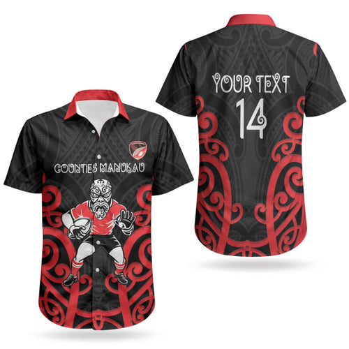 Counties Manukau Custom Rugby New Zealand Couples Matching Off Shoulder Maxi Dress and Hawaiian Shirt Aotearoa Maori Pukana Tiki Mascot