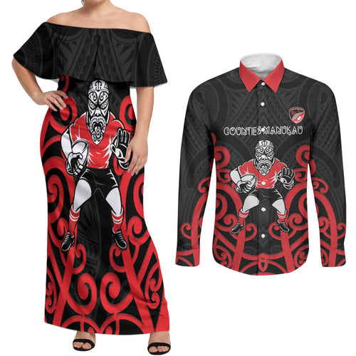 Counties Manukau Custom Rugby New Zealand Couples Matching Off Shoulder Maxi Dress and Long Sleeve Button Shirt Aotearoa Maori Pukana Tiki Mascot