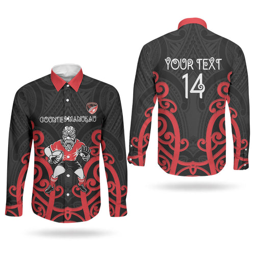 Counties Manukau Custom Rugby New Zealand Couples Matching Off Shoulder Maxi Dress and Long Sleeve Button Shirt Aotearoa Maori Pukana Tiki Mascot