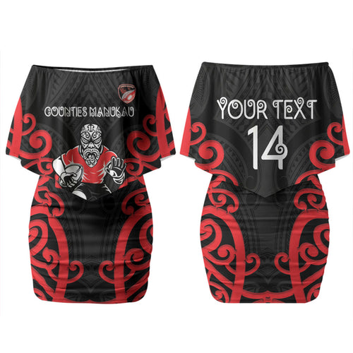 Counties Manukau Custom Rugby New Zealand Couples Matching Off Shoulder Short Dress and Long Sleeve Button Shirt Aotearoa Maori Pukana Tiki Mascot