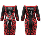 Counties Manukau Custom Rugby New Zealand Couples Matching Off The Shoulder Long Sleeve Dress and Hawaiian Shirt Aotearoa Maori Pukana Tiki Mascot