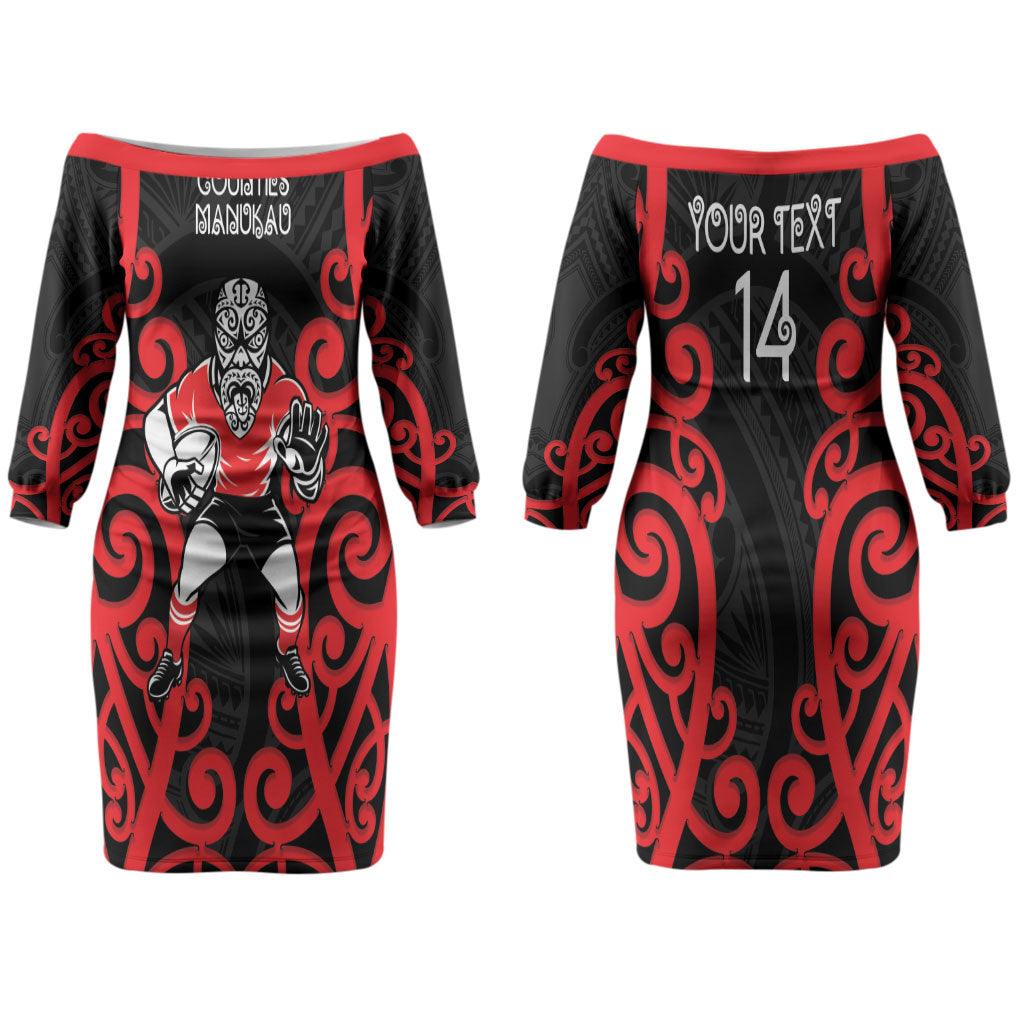 Counties Manukau Custom Rugby New Zealand Couples Matching Off The Shoulder Long Sleeve Dress and Hawaiian Shirt Aotearoa Maori Pukana Tiki Mascot