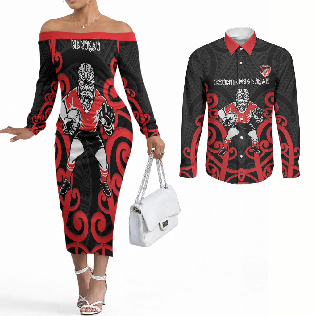 Counties Manukau Custom Rugby New Zealand Couples Matching Off The Shoulder Long Sleeve Dress and Long Sleeve Button Shirt Aotearoa Maori Pukana Tiki Mascot