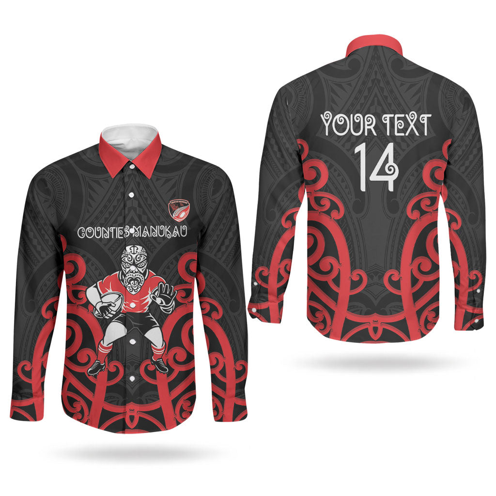 Counties Manukau Custom Rugby New Zealand Couples Matching Off The Shoulder Long Sleeve Dress and Long Sleeve Button Shirt Aotearoa Maori Pukana Tiki Mascot