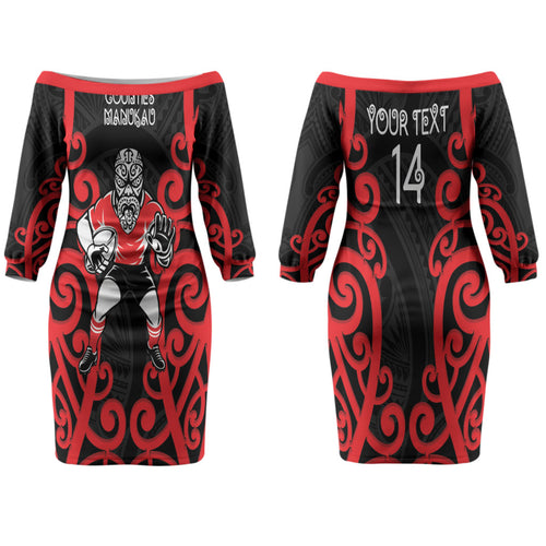 Counties Manukau Custom Rugby New Zealand Couples Matching Off The Shoulder Long Sleeve Dress and Long Sleeve Button Shirt Aotearoa Maori Pukana Tiki Mascot