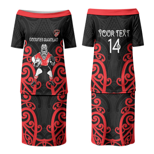 Counties Manukau Custom Rugby New Zealand Couples Matching Puletasi and Long Sleeve Button Shirt Aotearoa Maori Pukana Tiki Mascot