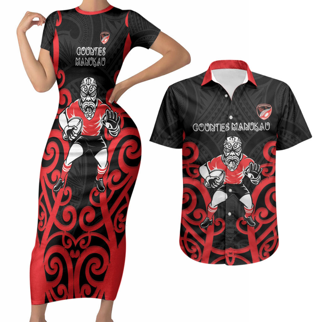 Counties Manukau Custom Rugby New Zealand Couples Matching Short Sleeve Bodycon Dress and Hawaiian Shirt Aotearoa Maori Pukana Tiki Mascot
